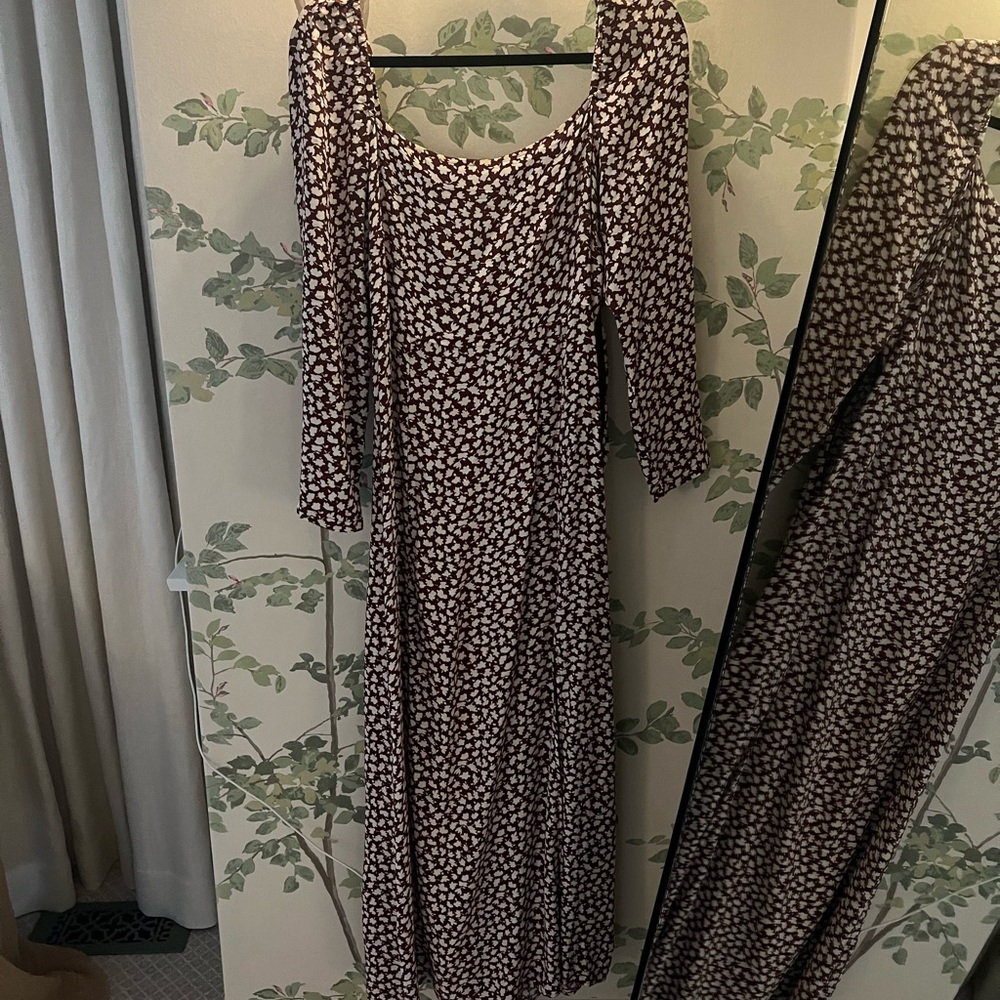 RIXO midi dress. Brown/mauve and white pattern. Size XS
